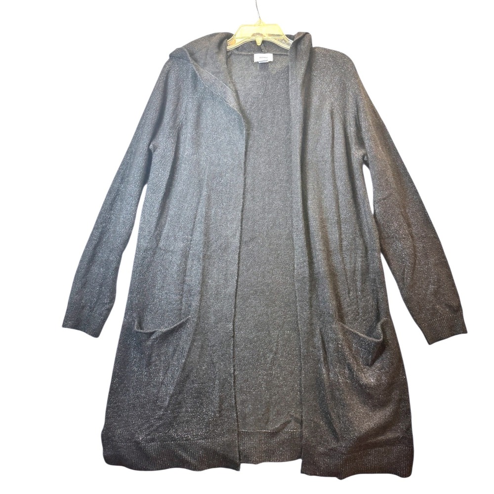 OLD NAVY Women's Medium Gray Sparkle Knit Open Front Hood‎ Cardigan Sweater Long